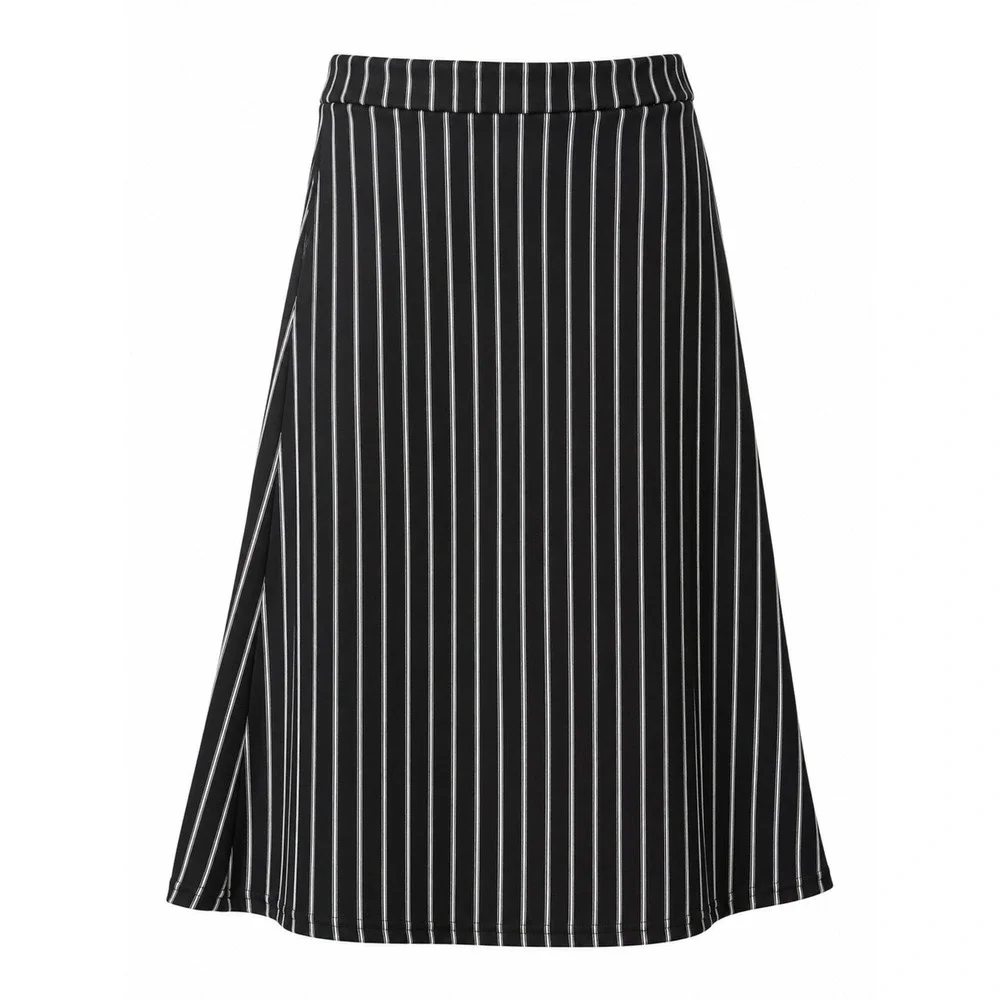 Urban Coco Black‎ White Pinstripe A-Line Midi Skirt Elastic Waist Stretch S